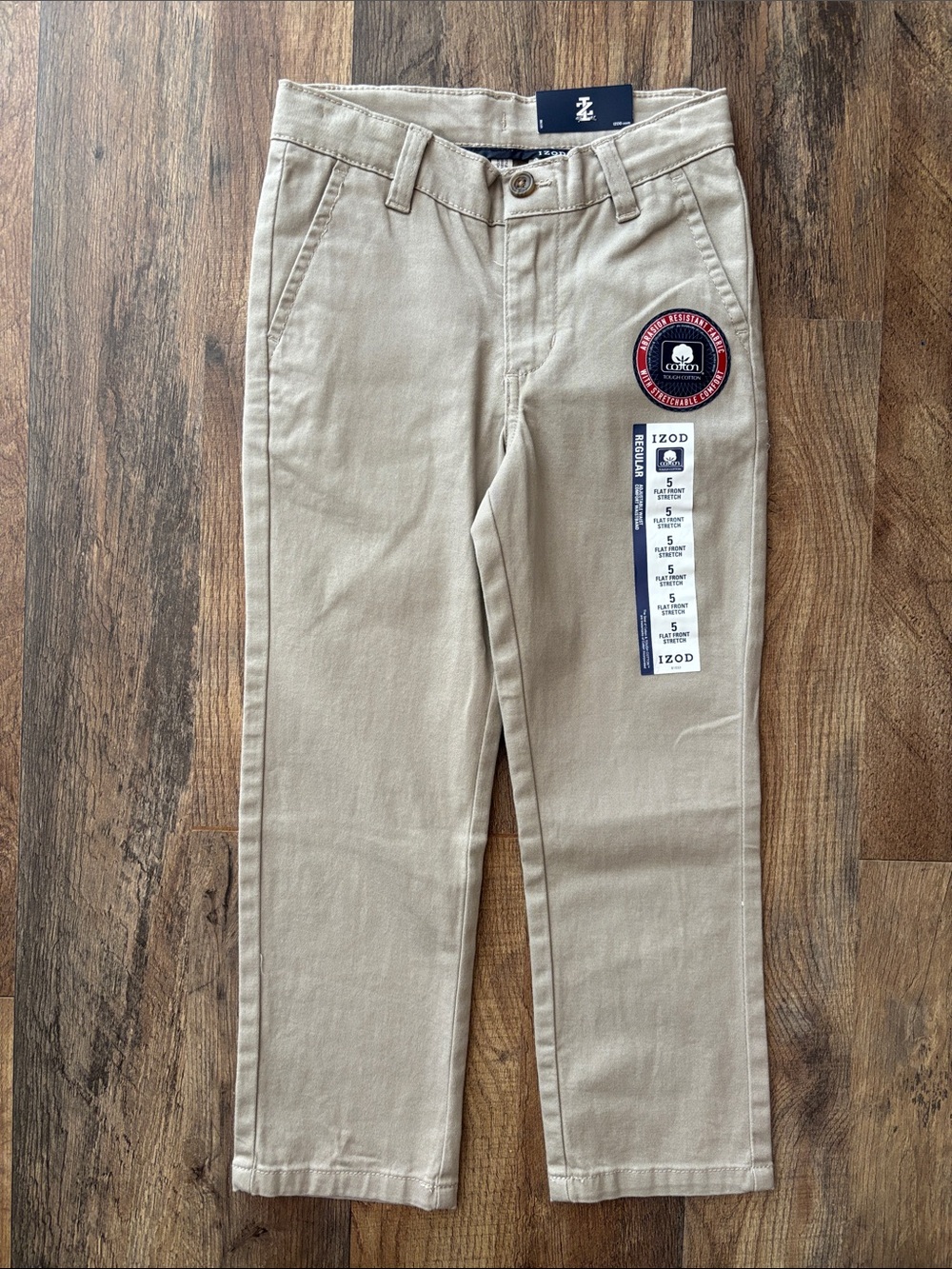 Izod Boys Khaki Flat Front Casual Uniform Pants size 5 regular New With Tags